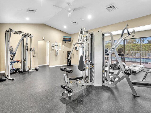 gym with lofted ceiling and ceiling fan