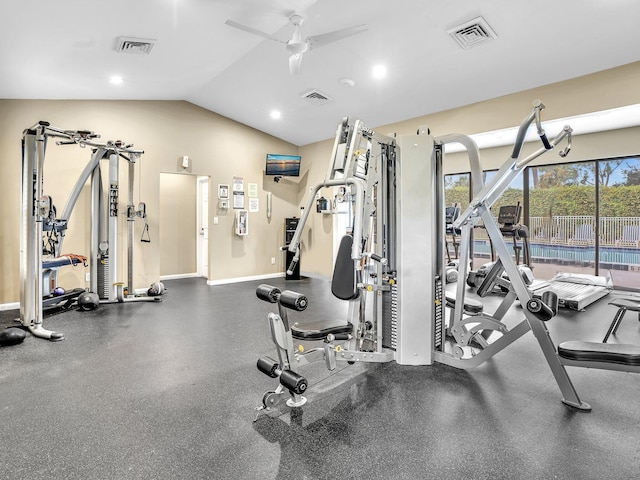 workout area with lofted ceiling and ceiling fan