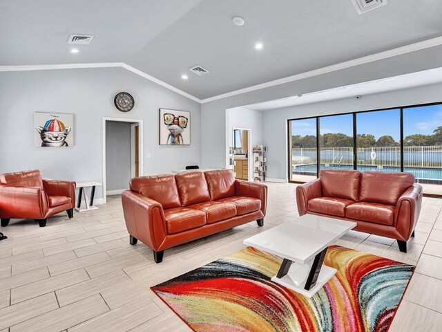 living room featuring crown molding, lofted ceiling, and light hardwood / wood-style floors