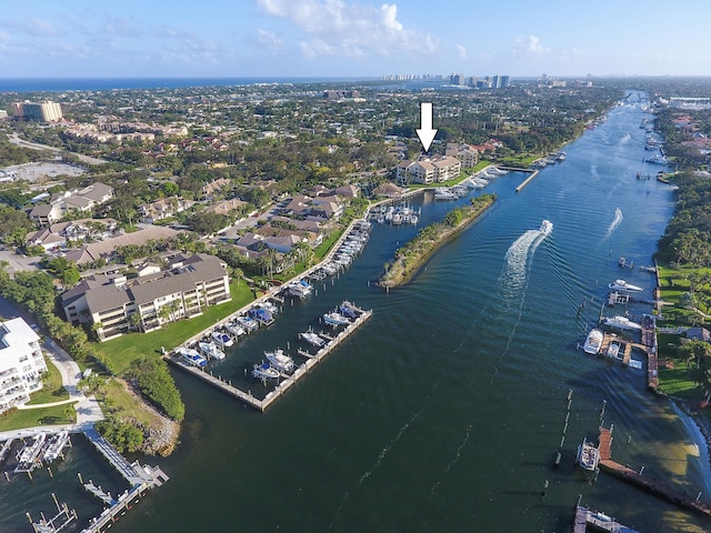 drone / aerial view featuring a water view