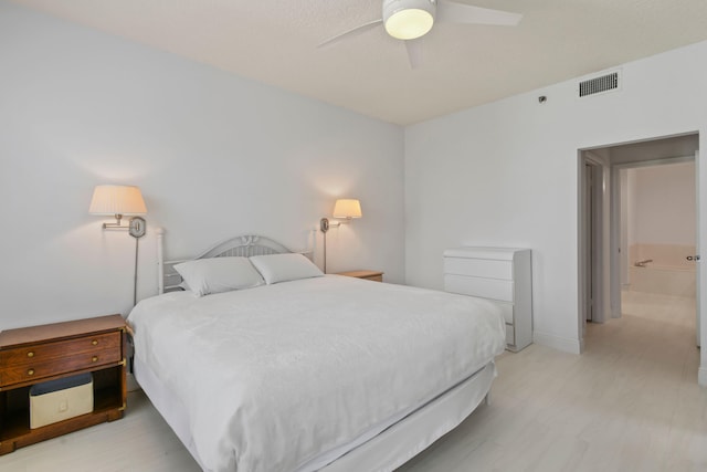 bedroom featuring light hardwood / wood-style floors and ceiling fan