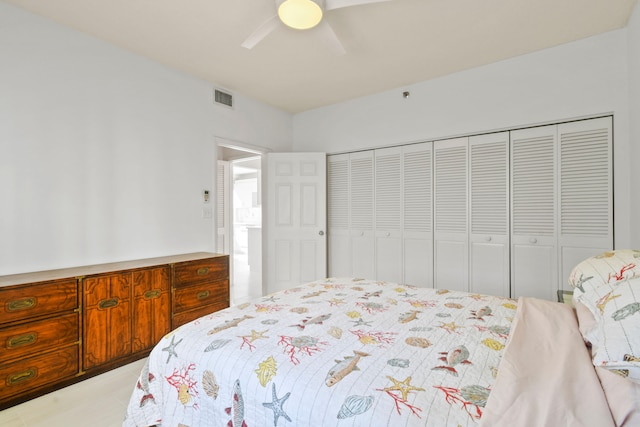 bedroom featuring light hardwood / wood-style flooring, a closet, and ceiling fan