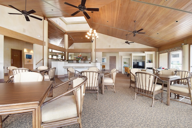 carpeted dining space with ceiling fan with notable chandelier, high vaulted ceiling, and wood ceiling