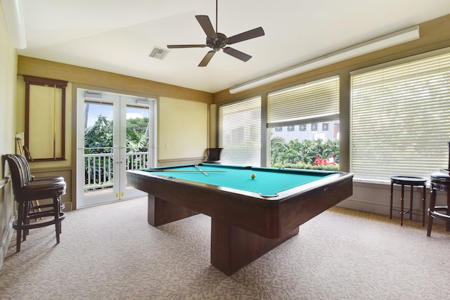 playroom with light carpet, ceiling fan, french doors, and billiards