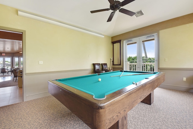 playroom featuring ceiling fan, light carpet, french doors, and billiards