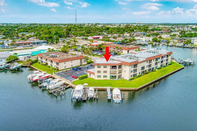 bird's eye view with a water view