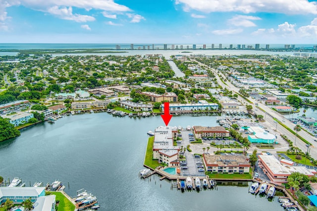 aerial view featuring a water view