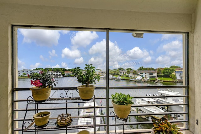 interior details featuring a water view