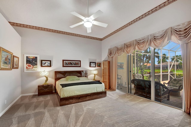 bedroom featuring access to exterior, carpet floors, and ceiling fan