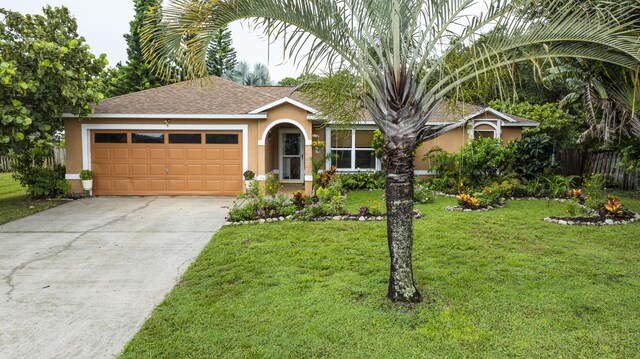 ranch-style house with a garage and a front lawn