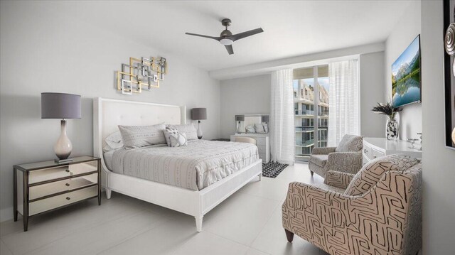 tiled bedroom featuring ceiling fan