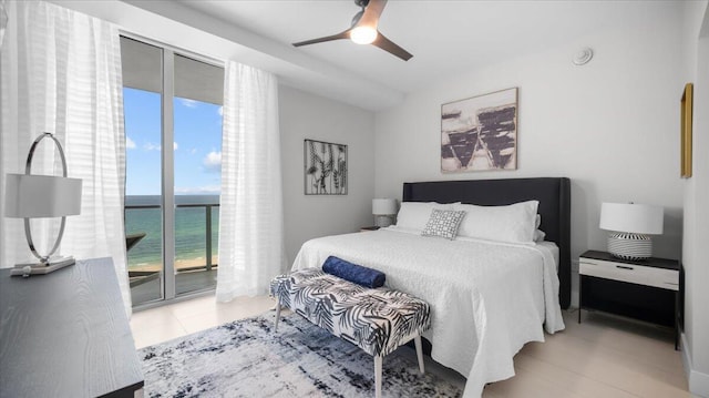 bedroom featuring a water view, ceiling fan, light tile patterned floors, and access to outside