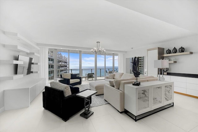 living room with floor to ceiling windows and a chandelier