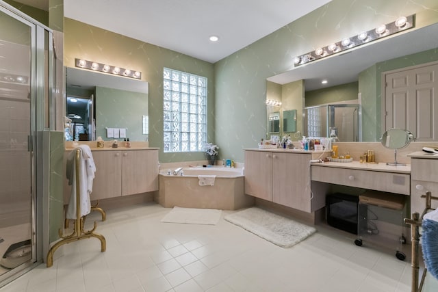 bathroom with vanity and plus walk in shower