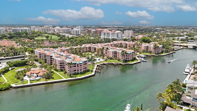 drone / aerial view featuring a water view