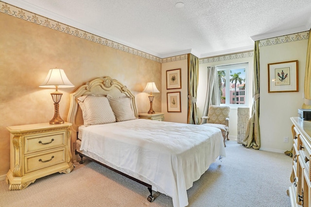 bedroom featuring a textured ceiling, light colored carpet, and crown molding