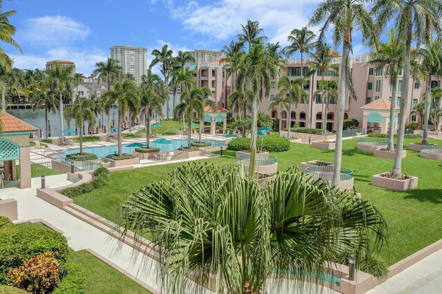 view of home's community with a swimming pool and a yard