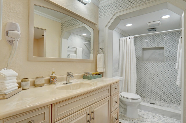 bathroom featuring crown molding, vanity, toilet, and a shower with shower curtain