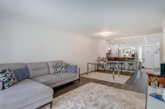 living room with crown molding and dark wood-type flooring