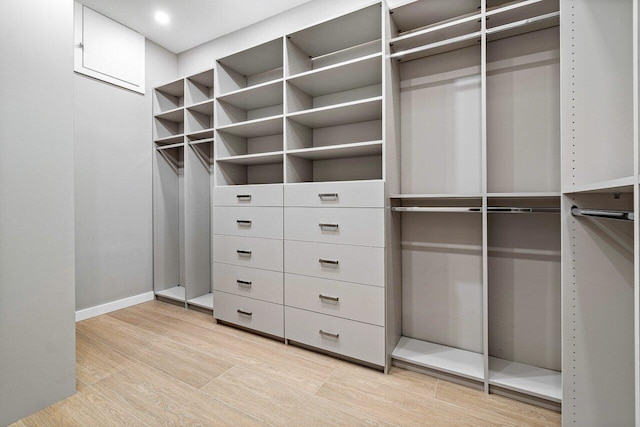 spacious closet featuring light hardwood / wood-style flooring