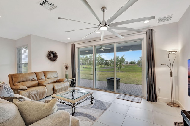 living room featuring light tile patterned flooring