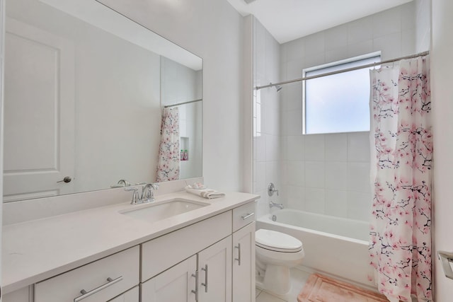 full bathroom featuring toilet, vanity, and shower / bath combination with curtain