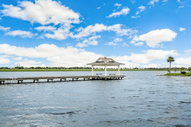 dock area featuring a water view and a gazebo