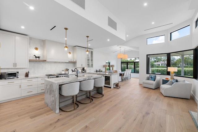 kitchen with tasteful backsplash, light stone counters, light hardwood / wood-style floors, a kitchen breakfast bar, and a kitchen island with sink