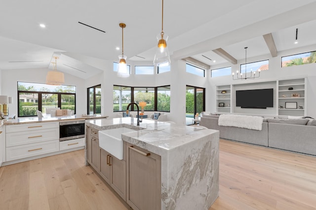 kitchen with sink, light wood-type flooring, light stone countertops, and a center island with sink