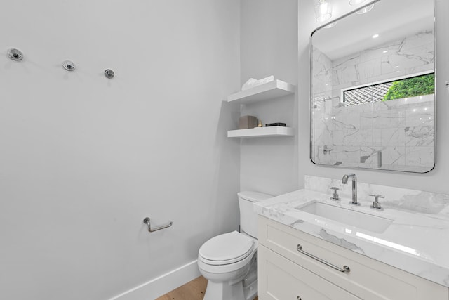 bathroom with vanity, wood-type flooring, and toilet