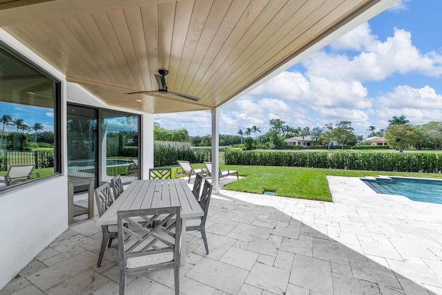 view of patio featuring ceiling fan and a fenced in pool