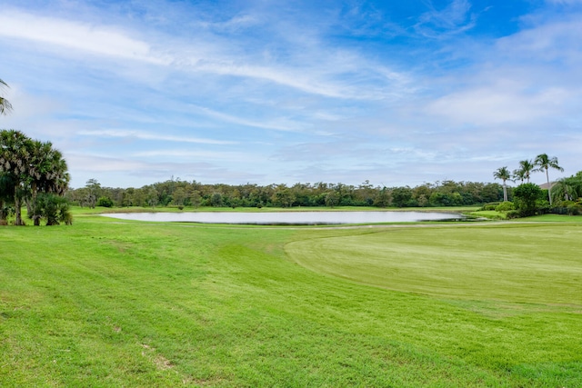 view of home's community featuring a water view and a lawn