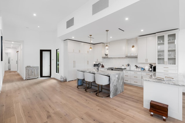 kitchen with tasteful backsplash, white cabinets, a center island with sink, light wood-type flooring, and light stone countertops