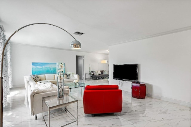 living room featuring baseboards, marble finish floor, and ornamental molding