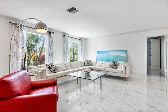 living room featuring ornamental molding, visible vents, and marble finish floor