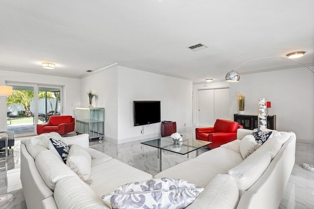 living area featuring marble finish floor, baseboards, crown molding, and visible vents