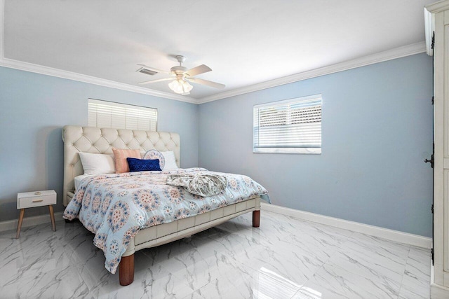 bedroom featuring marble finish floor, a ceiling fan, baseboards, ornamental molding, and visible vents