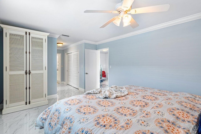 bedroom featuring ceiling fan, a closet, and crown molding