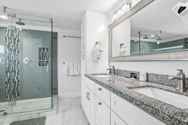 bathroom featuring dual bowl vanity, walk in shower, ornamental molding, and tile patterned flooring