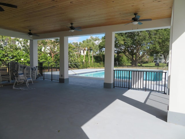 view of patio / terrace featuring ceiling fan and a fenced in pool