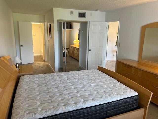 bedroom featuring a closet, connected bathroom, and a textured ceiling