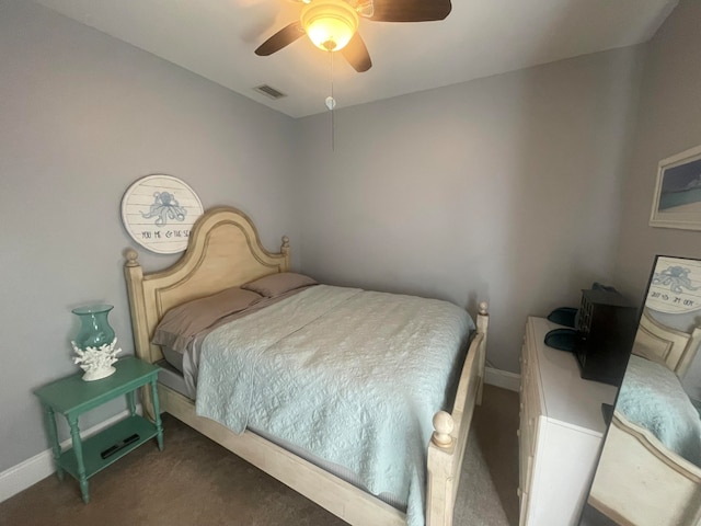 bedroom with dark carpet and ceiling fan