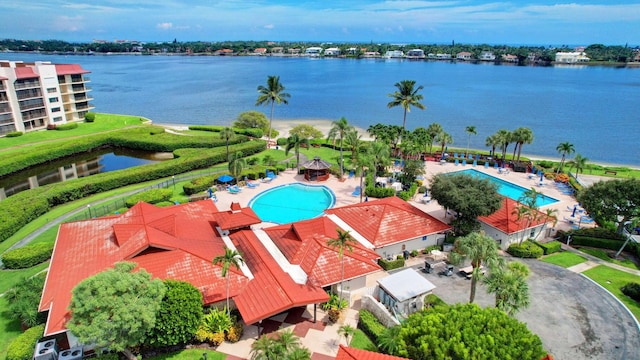 drone / aerial view featuring a water view