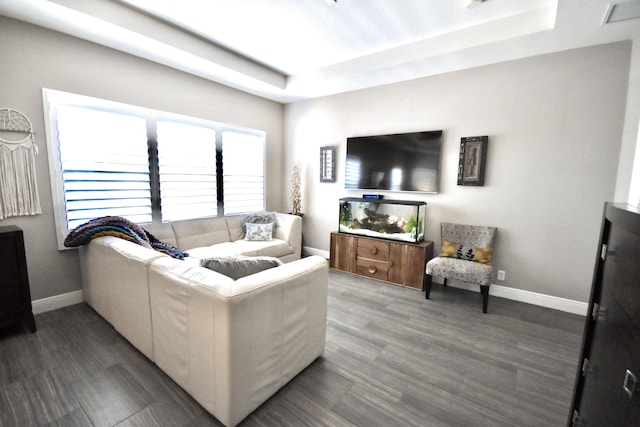 living room featuring dark hardwood / wood-style flooring and a tray ceiling