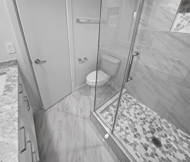 bathroom with vanity, a shower with shower door, and toilet