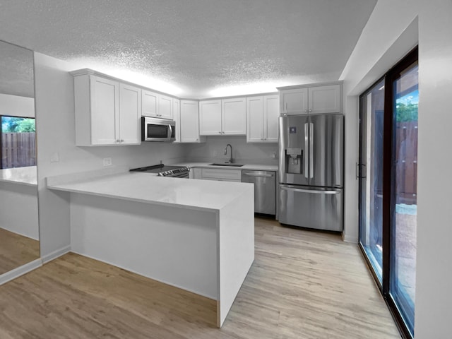 kitchen featuring sink, light wood-type flooring, appliances with stainless steel finishes, kitchen peninsula, and white cabinets