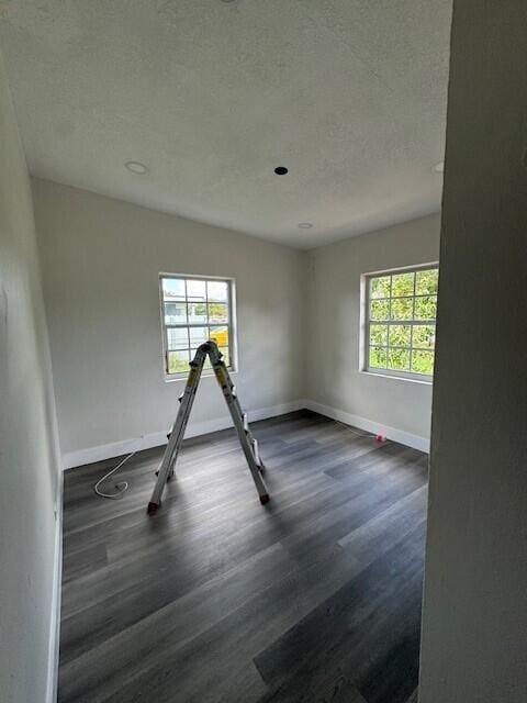 spare room featuring a healthy amount of sunlight, wood-type flooring, and a textured ceiling