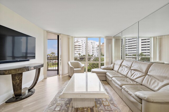 living room with light hardwood / wood-style flooring, a wealth of natural light, and expansive windows