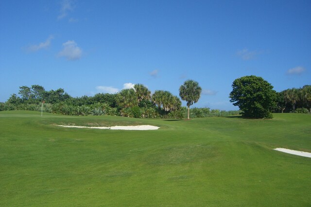 view of community with view of golf course and a yard