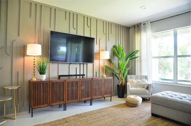 living room featuring tile patterned flooring